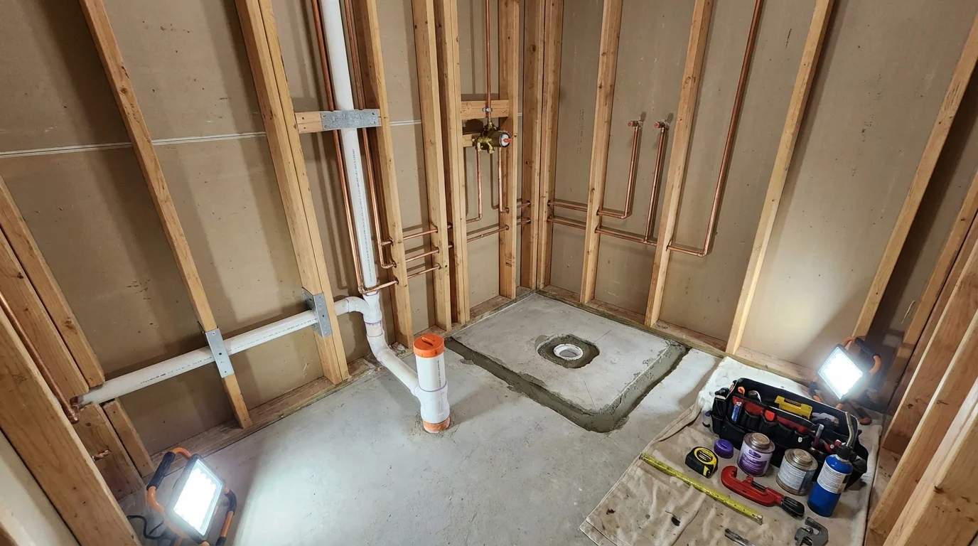 Bathroom rough-in plumbing during remodel by Johns Plumbing LLC in Malvern